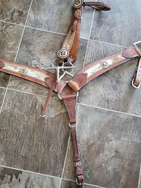 Western Leather Breast Collar and Bridle with Hair-On Hide Accents - Brown/Tan